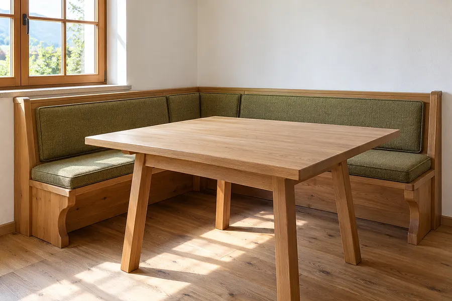 Eckbank aus hellem Holz mit neuen olivgrünen Sitz- und Rückenkissen, davor ein Eichentisch